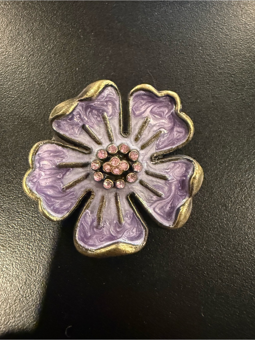 Vintage Purple Flower Enamel Brooch with Pink Rhinestone Center